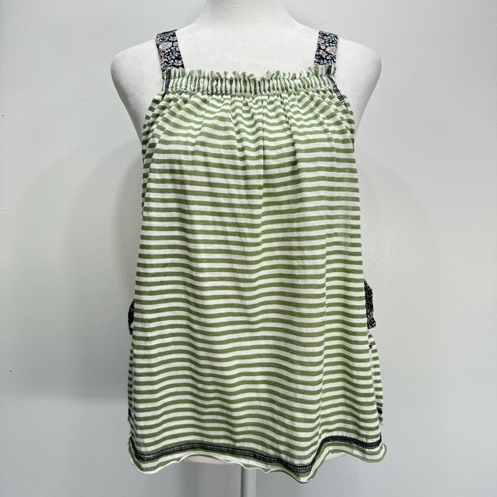 Hem & Thread Halter Tank Top Green & Ivory Striped with Navy Floral Straps NEW